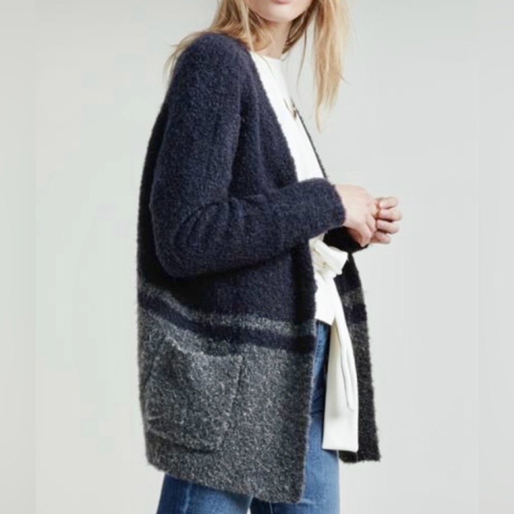 Dark Navy and Dark Gray Colorblock Long Fuzzy Varsity Style Cardigan - Madewell